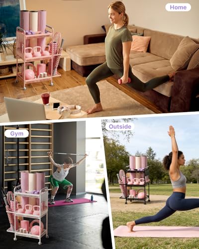 YOTTOY 3-Tier Gym Storage Rack for Home Gym–Multi-Functional Weight Rack, Dumbbell Rack, Yoga Mat Holder with Side Basket & 6 Hooks, Gym Equipment Organizer - color: Pink