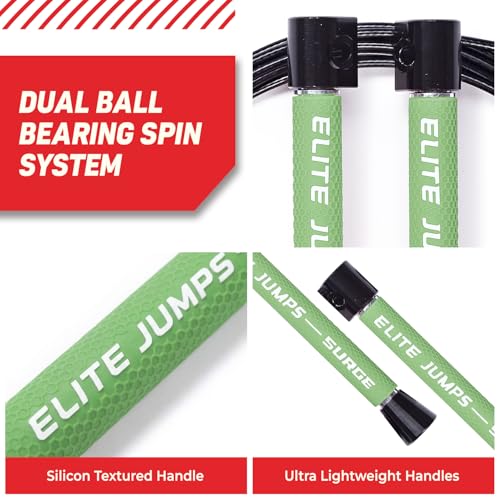 Elite Jumps Surge 3.0 Speed Jump Rope, Double Unders | Patented dual-bearing handle. Kink-resistant cable for premium spin control. Pro speed rope. - color: Neon Green, size: Surge 4.0
