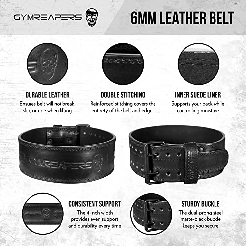 Gymreapers Weightlifting Belt 6MM Genuine Leather - Double Prong Power Belt Heavy Duty 4-Inch Wide - Strong, Stabilizing Back Support For Deadlifts, Squats Powerlifting - size: Large