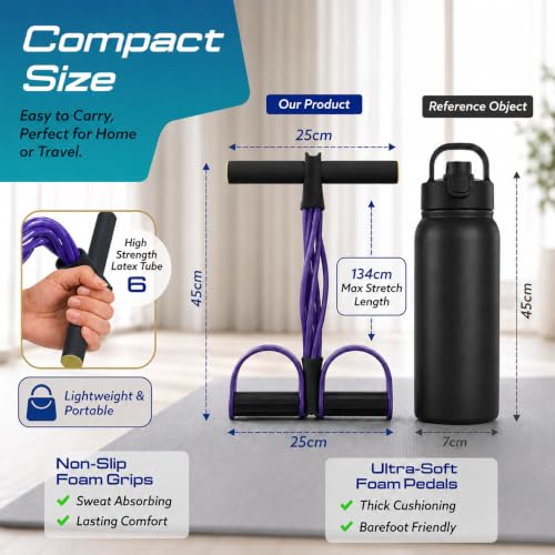Resistance Band with Pedals, 6 Tube Pedal Resistance Band for Full Body Home Workout, Exercise Band with Handles for Abs, Glutes, Arms & Legs, Portable Fitness Equipment for Women (Purple)