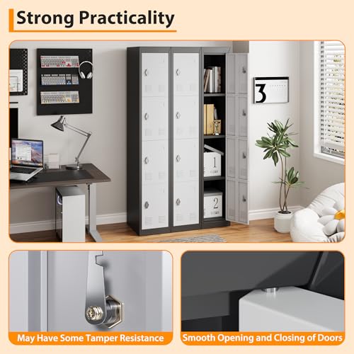 72" Tall 4 Door Metal Locker with Key, Heavy Duty Steel Storage Cabinet with Shelves, Lockable Employee Locker for School, Office, Gym, Home, Garage, Grey & Black - size: 4 Door