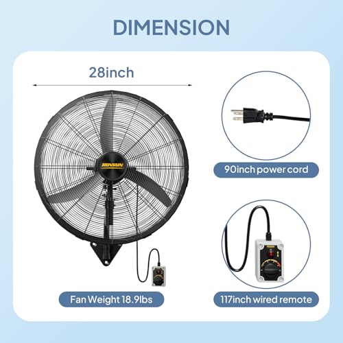 ROVSUN 26inch Wall Mounted Fan with BLDC Motor & Remote Control, High Velocity Industrial Wall Fan with Wired Remote, 4-Speed Outdoor Fan, Waterproof Oscillating Wall-mount Fan for Garage, Gym, Patio - size: 26"