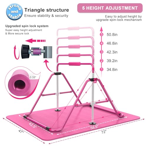 Tepemccu Gymnastics Bars, Adjustable Gymnastic Horizontal Bars for Kids | 5-Height Adjustable 34.8"-50.8", Foldable for Home Training, Include Children Gymnastics Rings and Bar Pad, Indoor Outdoor - color: Pink with mat