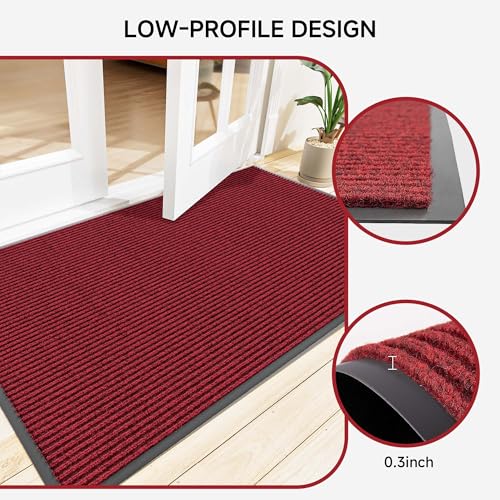 100pointONE Front Door Mat, Heavy Duty Indoor Outdoor Doormat, 48" x 24" Low Profile Outdoor Mats for Home Entrance, Stain and Fade Resistant Welcome Mat Ideal for High Traffic Area, Red - color: Red Striped, size: 2' x 4' (Rectangular)