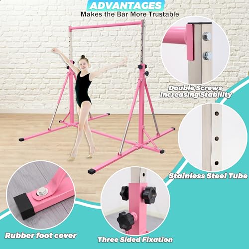 FC FUNCHEER Foldable Gymnastics Bar,5FT Horizontal bar,Adjustable Kids Training bar for Kids Ages 3-15,Kids Gymnastics bar,Triangle Stable Structure-Gym Equipment for Home - color: Pink, style: Bar-Swing-Rings