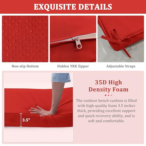 Premium Outdoor Bench Cushions for Patio Furniture 3.5inches Memory Foam Bench Cushion Waterproof Fade Resistant Porch Swing Cushions with Straps 36×18 Inch Red - color: Red, size: 36'' x 18'' x 3.5''