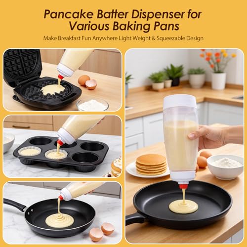 Pancake Batter Dispenser Bottle Kit with 7 Accessories, 1000ml Silicone Squeeze Pancake Mixer Bottle with Whisk Ball and Stand Base, Pancake Shaker Bottles for Cupcakes Muffins Waffle Crepes(2pack) - color: White