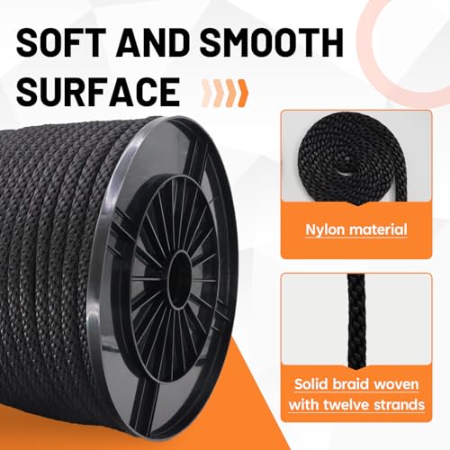 SDHUATUO 3/8 Inch Nylon Solid Braided Rope, 250FT Polyester Cord Black | 2420 lbs, UV Resistant & Wearproof, Soft Flexible Rope for Swings, Camping Tent, Flagpole, Outdoor Twine, Dog Leashes - color: Black, size: 3/8''-250ft
