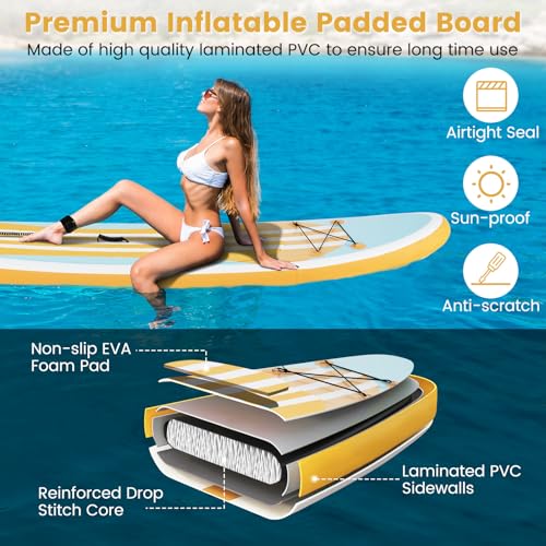 KOTEK 10FT/11FT Inflatable Paddle Board, SUP Paddleboard with Hand Pump, Safety Leash, Repair Kit, Carry Bag, Non-Slip EVA Deck, Stand Up Paddle Board for Youth & Adults - size: 11 FT, style: Orange Stripe