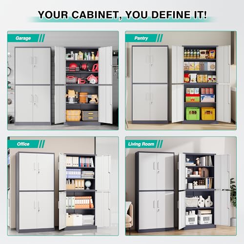 SISESOL Storage Cabinets With Doors And Shelves, 71'' Metal Garage Cabinet Locking, Adjustable Layers For Home Gym, bathroom, kitchen, office, Gray White