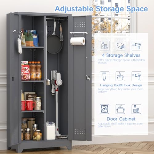 IRONFFICE Tall Storage Cabinet with Doors,Metal Garage Cabinet and Storage,Lockable Utility Closet Cabinets with Pegboard for Basement,Laundry Room,Grey - size: 15.74"D x 23.62"W x 65"H-Grey