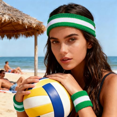 36 Pcs Wrist Sweatband Set Sports Headband Wristband Set for Men Women Party Sports Cotton Headbands Athletic Sweat Bands for Tennis Football Gym Workingout Accessories - color: Green White