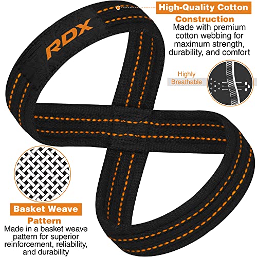 RDX Weight Lifting Straps Figure 8, Anti Slip Strap with Cuffs Wrist Support for Gym Workout Deadlift Powerlifting Bodybuilding Weightlifting, Fitness Strength Training, Hand Bar Grip for Men - color: BLACK ORANGE, size: Medium
