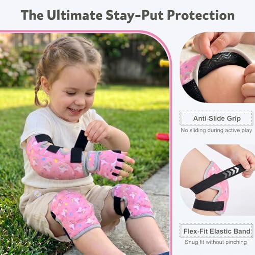Soft Toddler Knee Pads and Elbow Pads Set with Bike Gloves | Non-Slip Toddler Knee Pads for Boys Girls 2-4 Years, Breathable Kids Protective Gear for Balance Bike, Scooter, Bicycle - color: Pink Unicorns