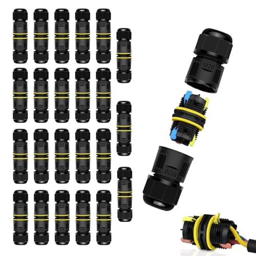 NineLeaf 24PK Waterproof Electrical Cable Connector 3-Pin Push-in Type, IP68 Underground Wire Connector M20 5-12mm, Fast Press-fit Extension Plug for Outdoor Garden and Landscape Lights - size: 24PK, style: Press Type