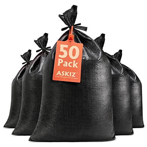 ASKIZ Heavy Duty Sand Bags With Tie Strings - 1600 Hours UV Protection, Polypropylene, 16" x 25.5" - Ultra Tough Sandbags for Hurricane Flooding (Black, 50 Bags) - color: 50 PACK