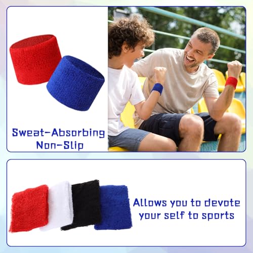 Lounsweer Wrist Sweatbands Bulk for Kids Adult Teams Sweat Bands Sports Wristband Athletic Neon Sweatbands for Football Basketball Tennis Running Gym Party Gifts - color: Red, Royal Blue, White, Black