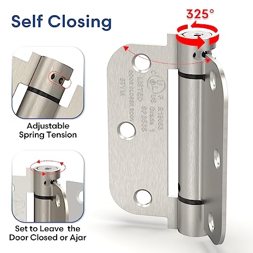 2 Pack 3.5 Inch Self Closing Door Hinges Kit, Satin Nickel | Spring loaded; includes door stopper, lubricant and 16 anchors; 5/8" radius; adjustable tension; UL listed - color: Satin Nickel - kit, size: 3.5" (2 Pack)