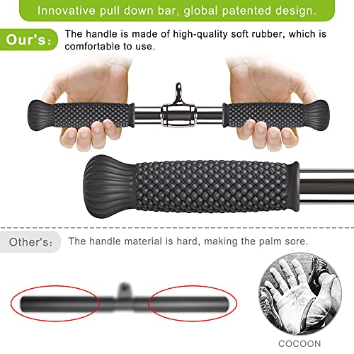 SELEWARE Rotating Straight Bar, Tricep Rope, Double D Row Handle, Rotating V Handle, Cable Machine Attachment with Non-Slip Soft Rubber Grip, Universal Attachment for Cable Machines - color: 18" Silver Rotating Straight Bar W/ Convex Rubber Handle