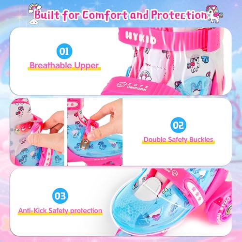 HYKID Toddler Roller Skates, 4 Adjustable Sizes, Fun Illuminating, Safety Three-Point Type, Breathable Upper, Beginners' Roller Skates for Girls Boys Kids - color: Unicorn Rose Pink, size: Toddler (8C-10.5C)