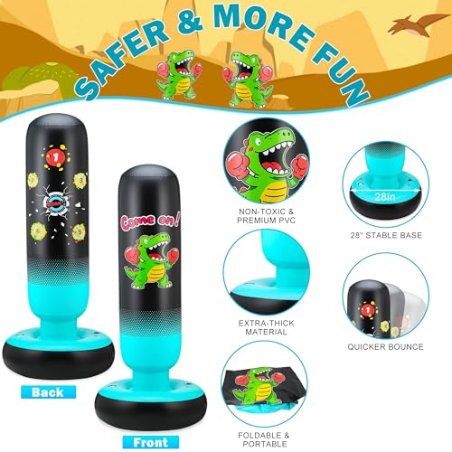 Punching Bag for Kids 65" Inflatable Dinosaur Kids Punching Bag with Boxing Gloves Boxing Bag Set with Pump Dinosaur & Hitting Target Pattern 2 in 1 Birthday Gifts for Boys & Girls Age 3-12
