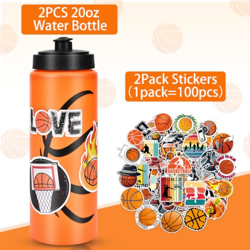 Basketball Party Favors, 2 Pack Water Bottles, 200 Stickers | 12 Basketball-Pattern Bottles, 200 Themed Stickers, BPA-Free 20 oz Design, Leak-Proof Lids, Ideal for Teams and Parties - style: 2# 2 Pack-Basketball