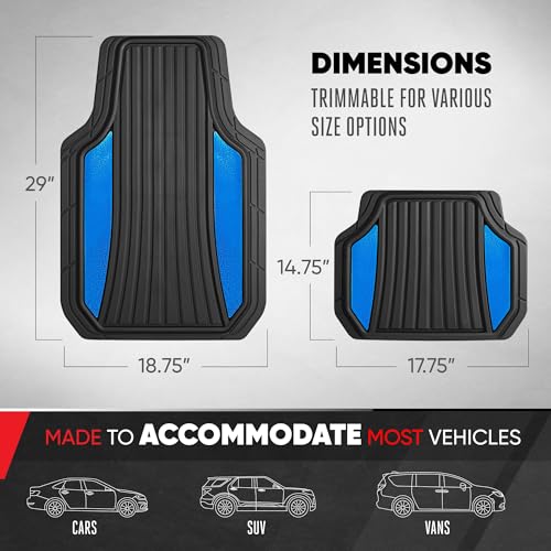 Motor Trend ChromeTech Car Floor Mats Full Set - Durable Rubber Floor Mats for Cars with Two Tone Accent, All Weather Interior Protection for Front and Rear with Non-Slip Backing, Black/Blue - color: Black & Blue