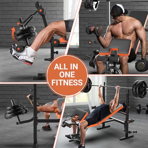 Fostoy Adjustable Weight Bench, Bench Press with Squat Rack, Olympic Weight Bench for Home Gym, Workout Bench with Preacher Curl Pad and Leg Develope for Full-Body Strength Training
