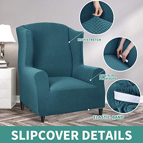 YEMYHOM 1 Piece Stretch Wingback Chair Slipcover Latest Jacquard Design Wing Chair Cover Non Slip Furniture Protector with Foam Rods for Living Room (Wing Chair, Peacock Blue) - color: Peacock Blue, size: 1 Pack - Wing Chair