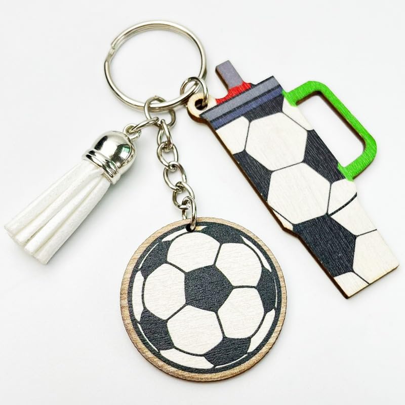 Women's Colorful Sports Ball Keyring Tassel Tumbler Charm Rugby Baseball Soccer Basketball Wooden Keychain Gifts - color: Football