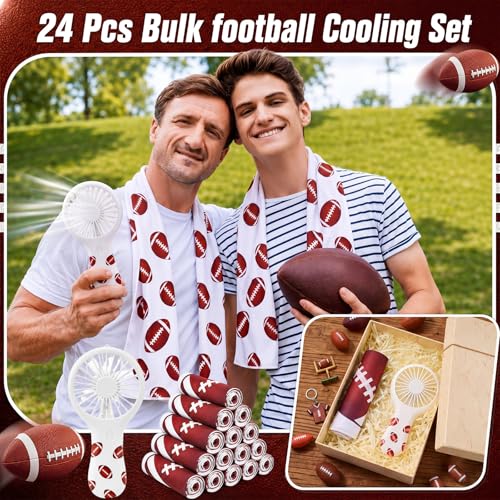 Woanger 24 Pcs Football Cooling Towels and Mini Handheld Fans Set Bulk 3 Speeds USB Portable Fans with Football Print Cooling Towels for Sports Team Games Party Favors Summer Gifts - style: Football