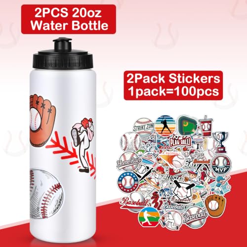 Baseball Party Favors, 2 Pack Baseball Water Bottles with 200 PCS Stickers | 20oz Sports Squeeze Bottle & Baseball Stickers, BPA-Free Reusable Water Bottles Bulk for Boys, Gifts For Team - style: 1# 2 Pack-Baseball