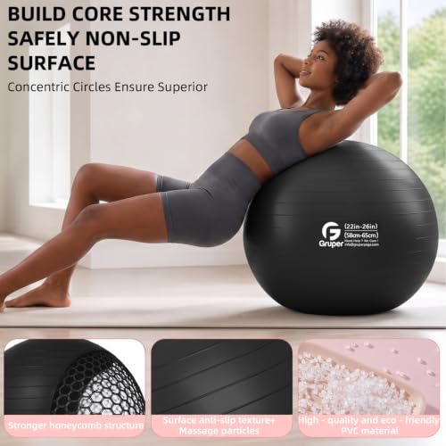 Gruper Exercise Ball, Extra Thick Yoga Ball for Working Out, Yoga & Pregnancy, 4 Sizes Anti-Burst Balance Ball with Foot Pump for Pilates, Physical Therapy & Fitness - color: black, size: L(26IN/65cm)