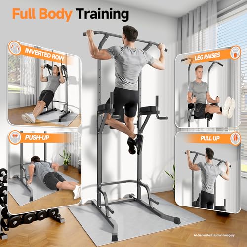 Power Tower Pull Up Station with Arm Rests Back Pad and Flared H-Shaped Base - color: Black