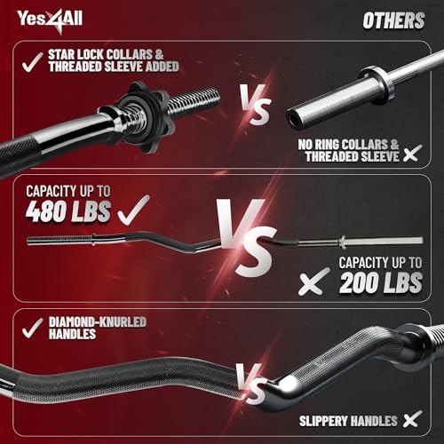 Yes4All Standard Straight Barbell 60" & EZ Curl Bar 47", Capacity 200 to 480 LB, Weight Bar 1" to 2" Diameter - Star Lock Collars, Rubber Ring, Barbell Spins Included for Deadlifts & Squats - color: D. 1" Curl Bar - Black, style: B. Curl Bar 1"