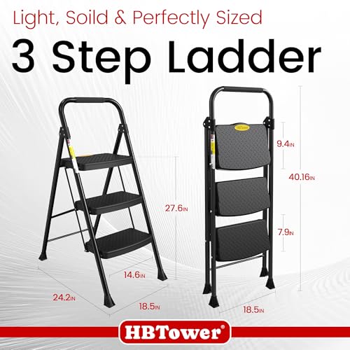 HBtower Step Ladder Sturdy, Heavy Duty Step Stool for Adults | Wide Anti-Slip Pedal Step Ladder Folding Step Stool for Home and Kitchen, Garage, Outdoor - size: 3 step ladder