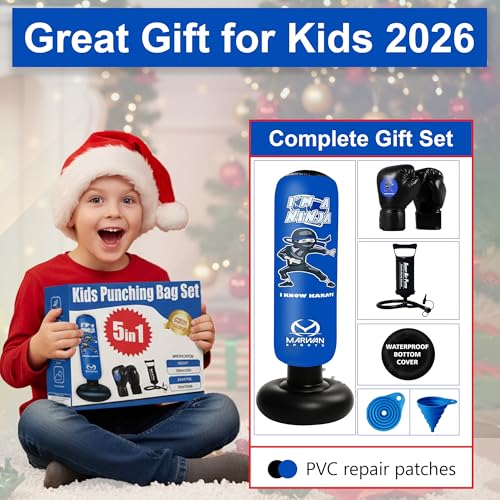 Marwan Sports Ninja Kids Punching Bag — Inflatable Sensory Toy & Birthday Gift for Boys & Girls Ages 4-12, 63" Freestanding 5-in-1 Kit, Indoor Apartment-Quiet Sensory-Friendly Active Play - color: Blue