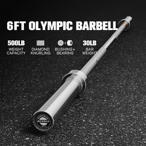 RITFIT Olympic Barbell 4ft/6ft - 2 Inch Weight Bar for Strength Training, Weightlifting, Squat, Deadlift, Bench Press, Curl, Overhead Press - 350lbs/500lbs Capacity - color: Silver, size: 6FT without Collar