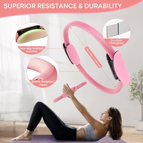 13 Pcs Pilates Essentials Kit for Women, Home Workout Equipment Set with 9.8” Ball, Magic Circle, Accessories, Perfect for Beginners to Toning & Fitness, Pink - color: Pink