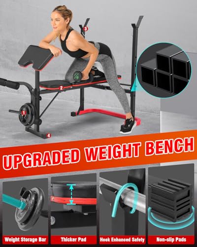 OPPSDECOR 6 in 1 Weight Bench Set with Leg Extension and Leg Curl, 660 LBS Adjustable Bench Press Set with Preacher Curl Pad, Foldable Workout Bench for Home Gym, Strength Training for Teens/Adults - color: Scarlet