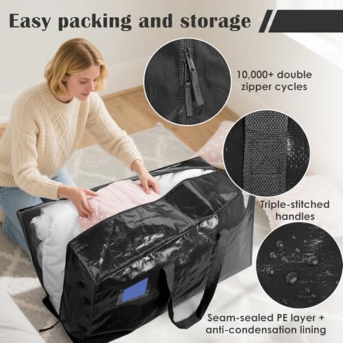 12 Pack Moving Bags with Full-Open Side Zipper, Extra Large 93L Heavy Duty Waterproof Foldable Storage Totes for College Dorm, Moving & Home Organization Black - color: Black, size: 12Pack