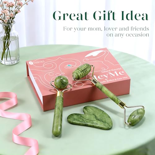 BAIMEI IcyMe Gua Sha and Jade Roller for Face, Natural Jade Face Roller with Ridge Design for Reducing Puffiness & Skin Firming,Facial Sculpting Tool, Self Care Gift for Women Men - color: Green