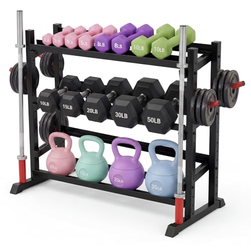 Dumbbell Rack, 3 Tiers Weight Rack for Home Gym, Trapezoidal-Frame & h-Frame Weight Stand for Dumbbells Kettlebells & Weight Plates, 1300LBS Capacity - size: 48.39 x 18.7 x 36.54 Inch