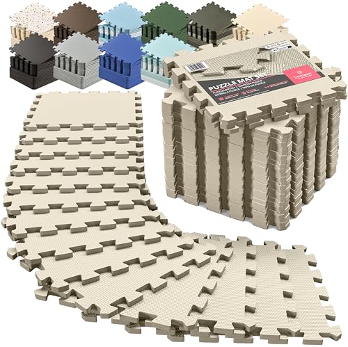 bemaxx Gym Mats Set - 18 pcs EVA Interlocking Foam Floor Tiles (12.6"x12.6"x0.4") 18sqft Protective Gym Flooring Sports Home Workout Exercise Mats Puzzle Garage Fitness Play-Room Pool Treadmill Bike - color: Warm Sand, size: 18 Tiles | 18 sq ft