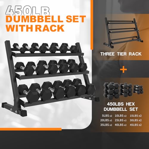 Mikolo Dumbbell Sets with Rack, Rubber Hex Dumbbells, Multiple Choices in 160/200/380/450/550LB, Hand Weights with Chrome Handle for Strength Training - style: 450LB SET