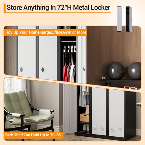 72" Tall Single-Door Metal Locker with Key, Heavy Duty Steel Storage Cabinet with Shelves, Lockable Employee Locker for School, Office, Gym, Home, Garage, Grey & Black - size: 1 Door