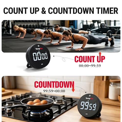 TempPro Magnetic Kitchen Timers for Cooking, Digital Timer for Kids Teacher | Countdown Timer with Easy-Twist Knob, Loud Alarm & Silent Mode, Classroom Timer with Large LED Display for Office Workout