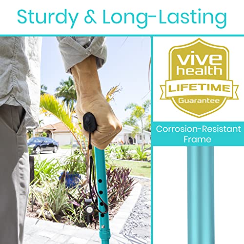 Vive Folding Cane - Foldable Walking Cane for Men, Women - Fold-up, Collapsible, Lightweight, Adjustable, Portable Hand Walking Stick - Balancing Mobility Aid - Sleek, Comfortable - color: Teal