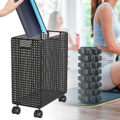SM SunniMix Yoga Mat Storage Rack with Wheels, Iron Rolling Cart for Home Gym Fitness Equipment, 13.78 x 7.87 x 15.75 in, Black