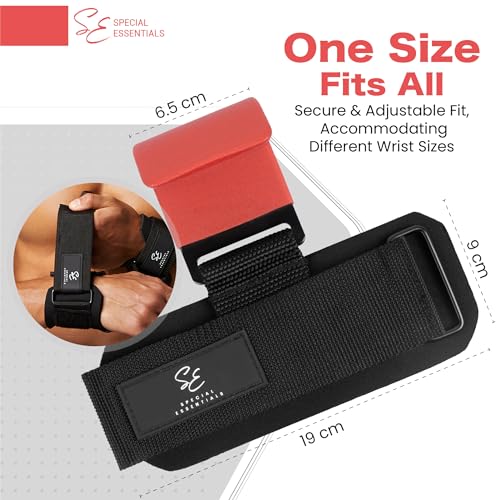 Special Essentials Weight Lifting Hooks - 1 Pair of Premium Steel Hooks with Padded Wrist Straps for Enhanced Grip, Support, and Comfort During Heavyweight Lifting and Pull-ups - Ideal for Powerlifting, Deadlifts, and Rows - color: Red
